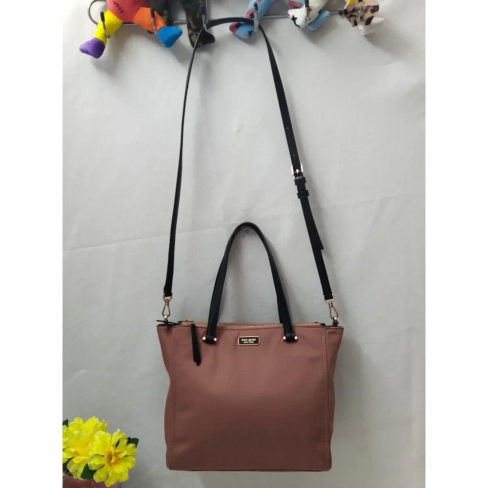 Kate Spade Dawn Sparrow Dusty Mauve Nylon Black Leather Satchel Shoulder Bag